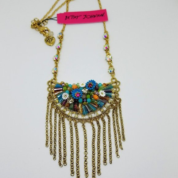 NWT RARE Betsey Johnson Weave & Sew Multi Woven Fringe Rhinestone Necklace - Picture 1 of 10